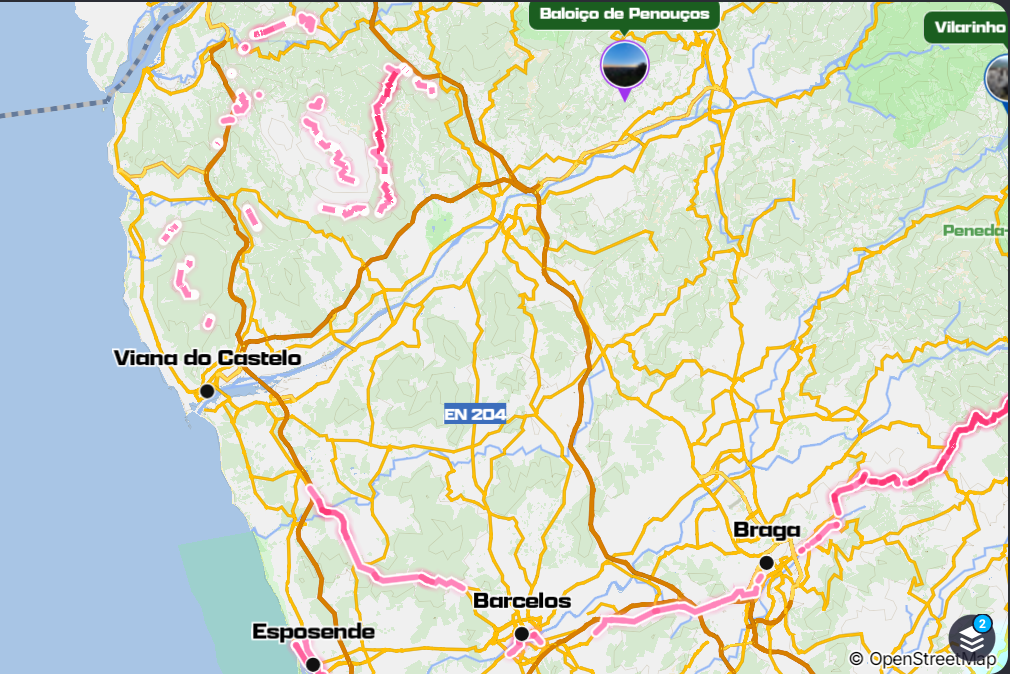 The map with Community Ways on: pink and red lines along the roads and tracks riders ride