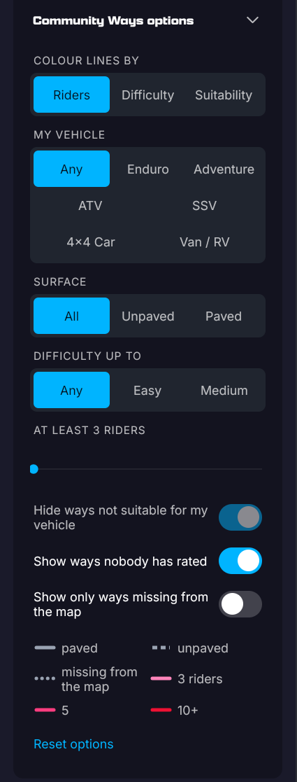 Community Ways options: Colour lines by, My vehicle, Surface, Difficulty up to, At least 3 riders, three switches, the key and Reset options