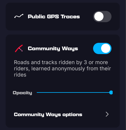 The Community Ways card in Online Map Layers: the switch, its description, the opacity slider and the Community Ways options row