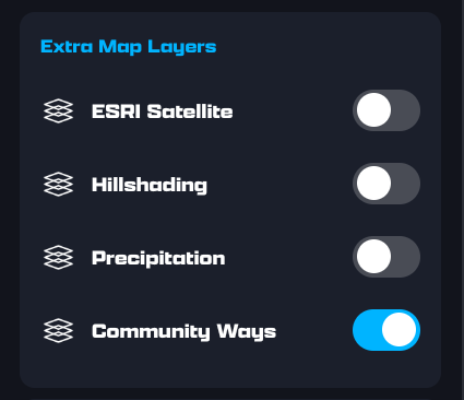 Quick Actions, Extra Map Layers: ESRI Satellite, Hillshading, Precipitation and Community Ways, each with a switch