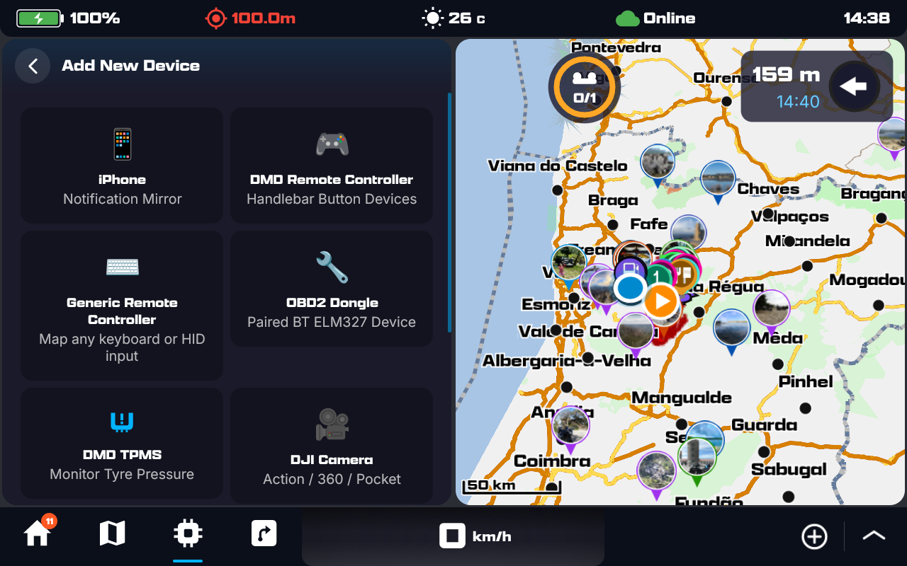 The Add New Device grid: iPhone, DMD Remote Controller, Generic Remote Controller, OBD2 Dongle, DMD TPMS and DJI Camera, with more below