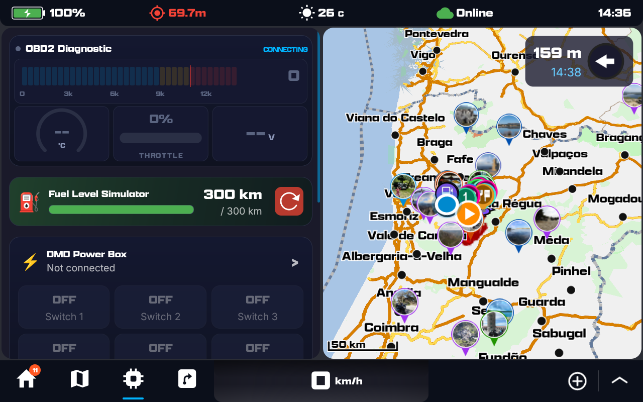 The Devices section showing paired devices as live cards: an OBD2 diagnostic dashboard, the Fuel Level Simulator and the DMD Power Box switches, with the map alongside