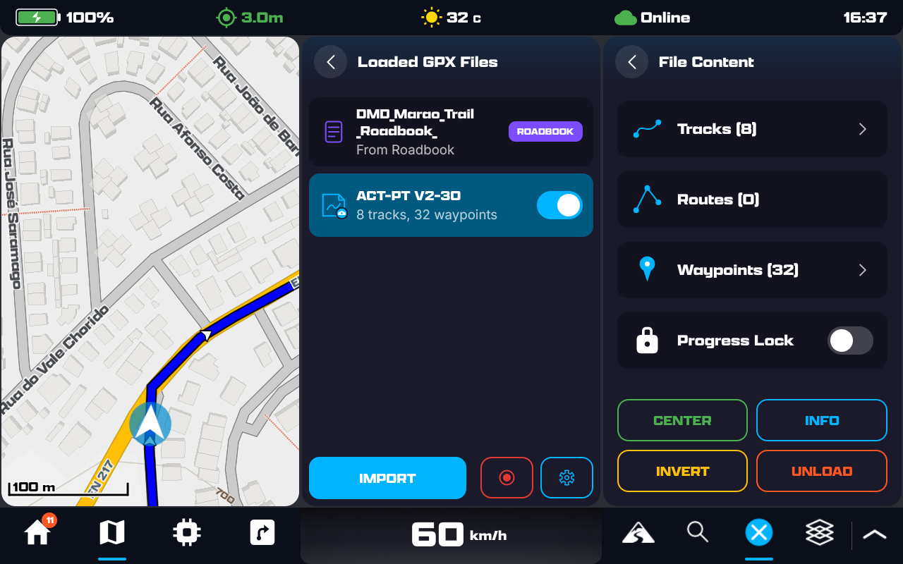A GPX file's detail: Tracks (8), Routes (0), Waypoints (32), a Progress Lock toggle, and Center / Info / Invert / Unload buttons