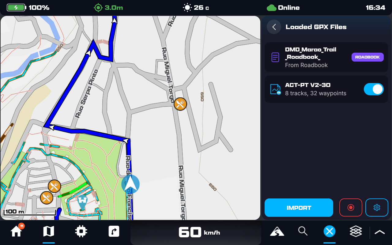 The Loaded GPX Files panel: a roadbook-generated file and a GPX file (8 tracks, 32 waypoints) with a visibility toggle, plus Import, Record and Settings buttons
