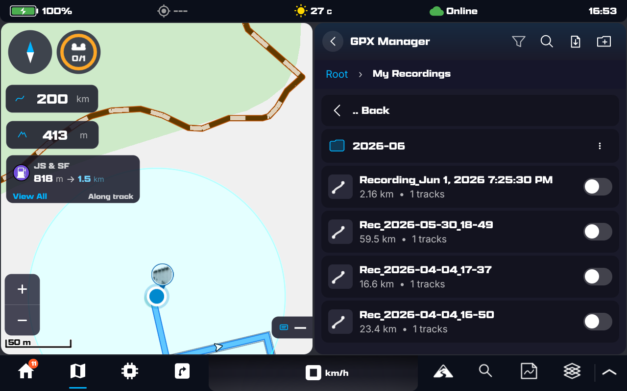 The My Recordings folder in the GPX Manager: auto-named recordings (Rec_date_time) with distance and track count, a monthly sub-folder, visibility toggles, and a download-from-server toolbar