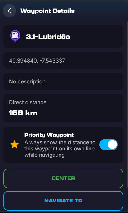Waypoint Details for 3.1-Lubridao: its fuel symbol and name, coordinates, description, direct distance of 168 km, a Priority Waypoint switch turned on, and Center and Navigate To buttons