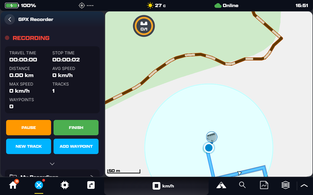 The GPX Recorder in the RECORDING state: live stats (travel time, stop time, distance, avg/max speed, tracks, waypoints) and Pause / Finish / New Track / Add Waypoint controls, beside the map