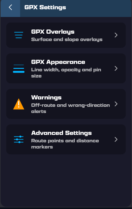 GPX Settings: GPX Overlays (surface and slope), GPX Appearance (line width, opacity, pin size), Warnings, and Advanced Settings
