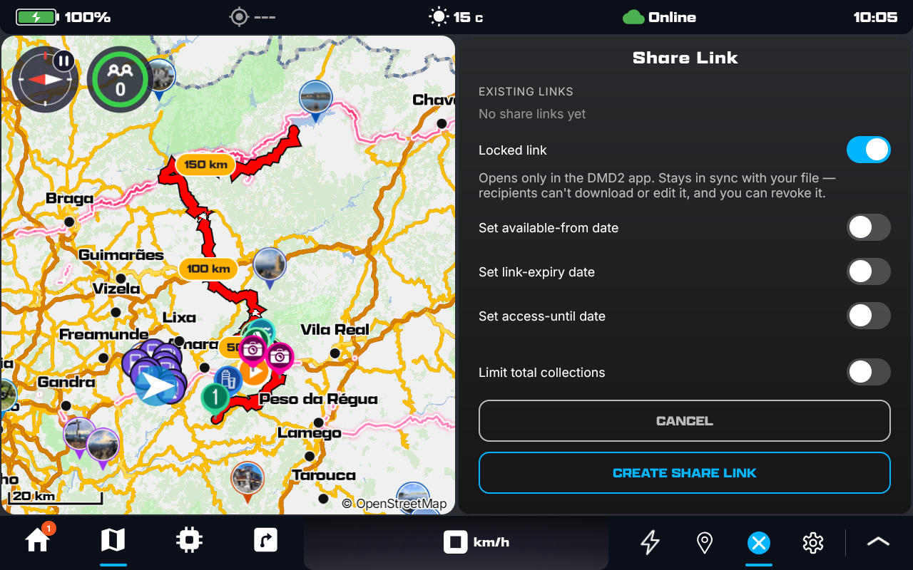 The Share Link form beside the map: EXISTING LINKS with No share links yet, the Locked link switch on with its note, switches for Set available-from date, Set link-expiry date, Set access-until date and Limit total collections, then CANCEL and CREATE SHARE LINK