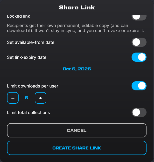 Share Link with Locked link off: the note says recipients get their own permanent, editable copy; Set link-expiry date on at Oct 6, 2026, and Limit downloads per user on at 5, with minus and plus buttons