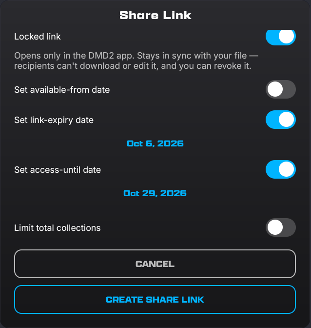 Share Link with Locked link on: Set link-expiry date on, showing Oct 6, 2026, and Set access-until date on, showing Oct 29, 2026