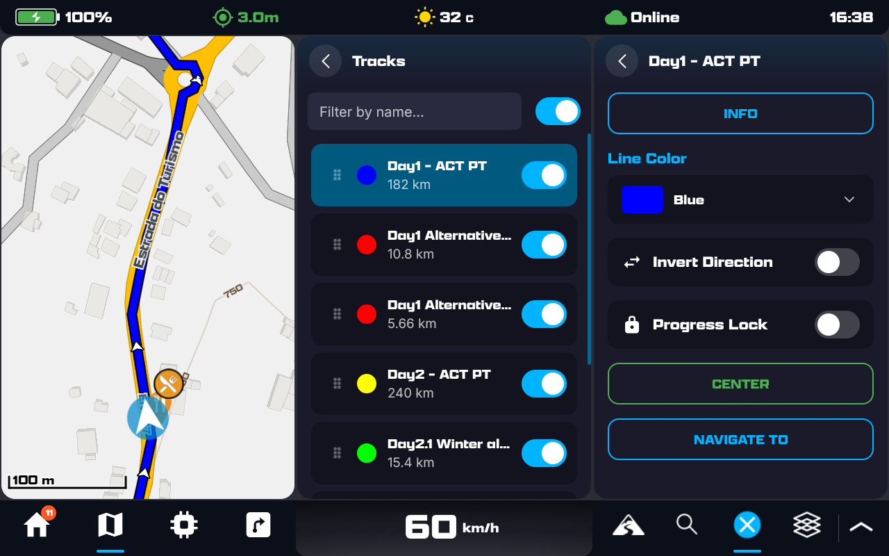 A track's detail view in the 3-panel cascade: an Info button, a Line Color picker set to Blue, Invert Direction and Progress Lock toggles, and Center and Navigate To buttons