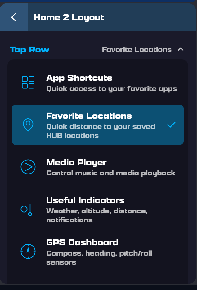 The Home Layout settings panel titled Home 2 Layout, with the Top Row accordion expanded showing the row-type list