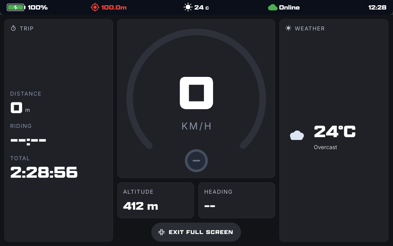 Full-screen minimal mode in landscape: trip card on the left, the speed ring with altitude and heading in the middle, weather on the right, and the Exit full screen pill at the bottom