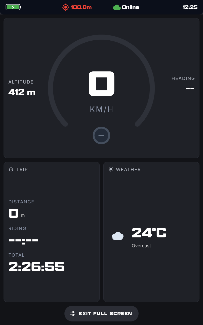 Full-screen minimal mode in portrait: the speed ring with altitude and heading either side, two cards below and the Exit full screen pill