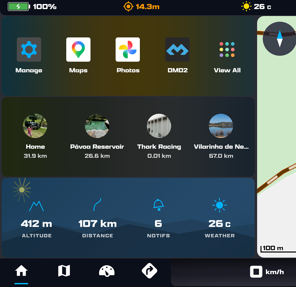 The Home section showing three stacked rows: Favorite Locations, Media Player and GPS Dashboard