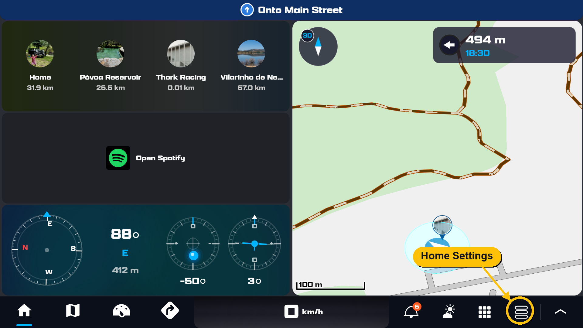 Home section with the Home Settings button, a stacked-rows icon in Section 3 of the bottom menu, highlighted
