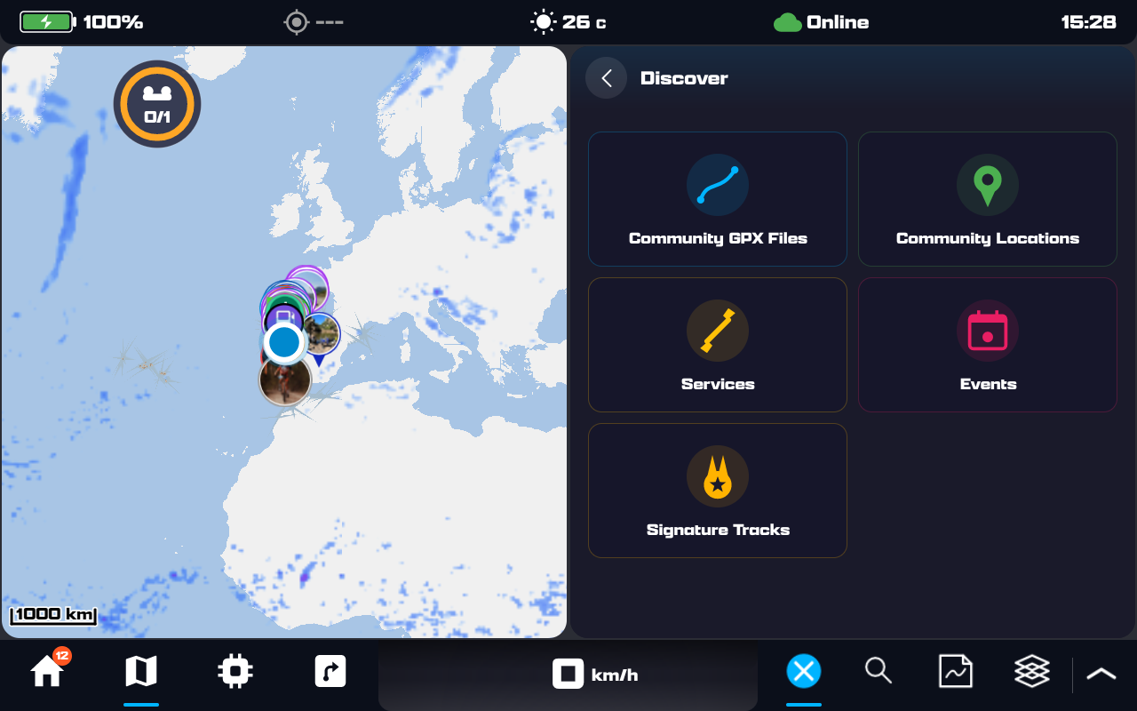 The Discover screen with five category tiles: Community GPX Files, Community Locations, Services, Events and Signature Tracks
