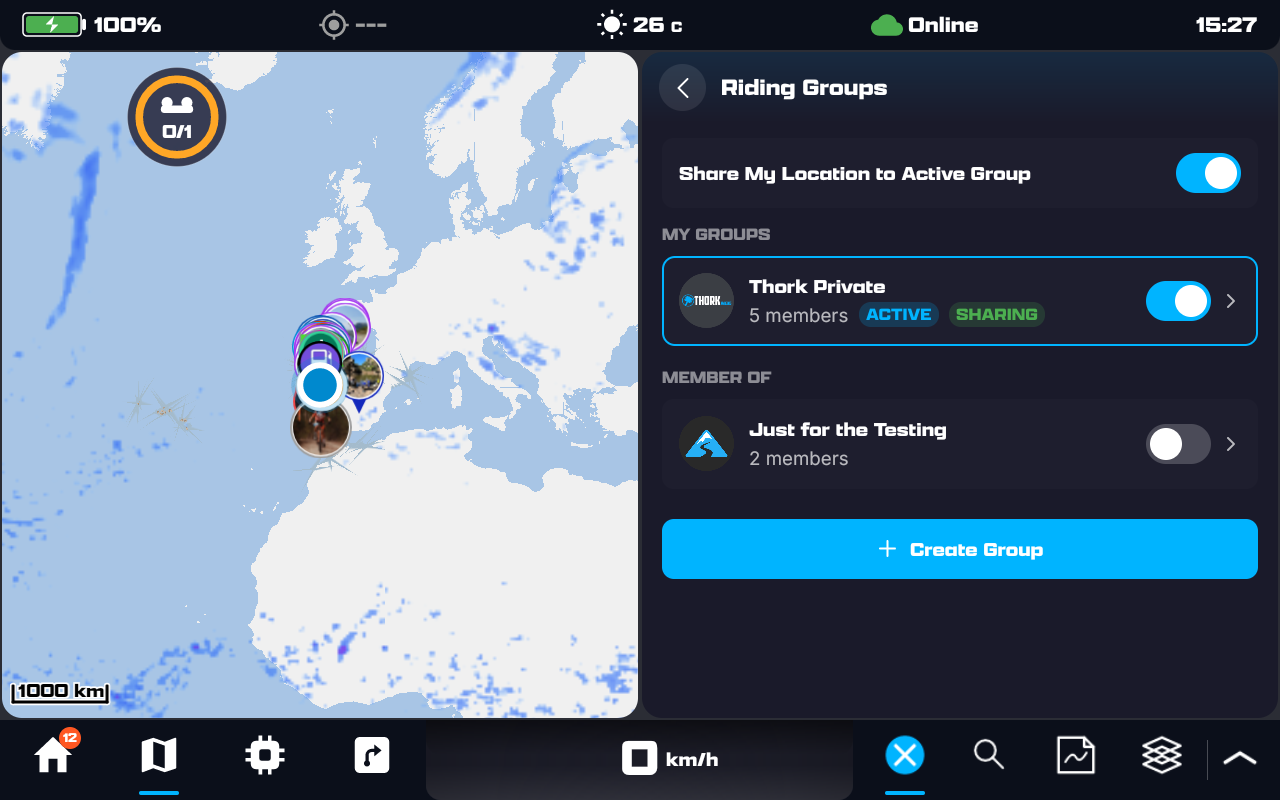 The Riding Groups list: a Share My Location toggle, My Groups (an active, sharing group of 5 members), Member Of, and a Create Group button