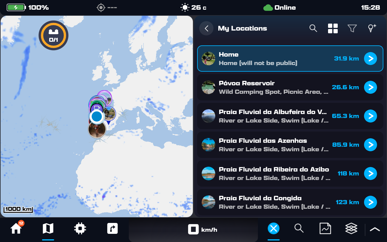 My Locations list: saved places with photos, category descriptions (Wild Camping Spot, River or Lake Side) and distances, each with a navigate arrow; a search, filter and add-location toolbar on top