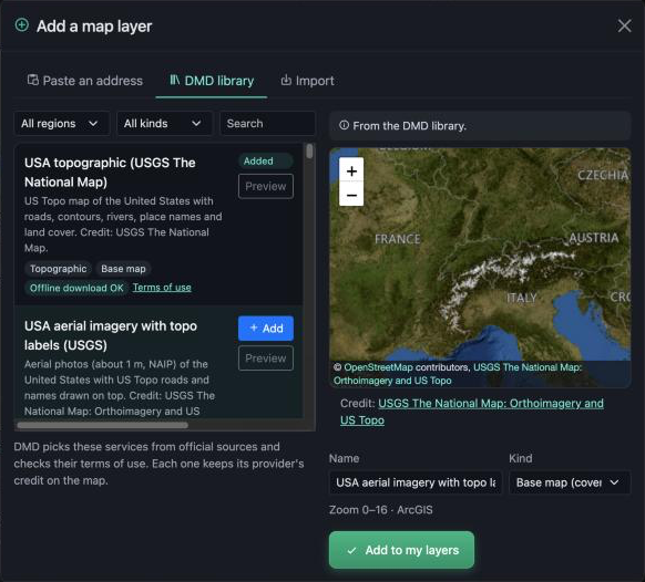 Add a map layer dialog on the DMD library tab: region, kind and search filters, library entries with Add and Preview buttons, and on the right the picked map previewed with its credit, name, kind and Add to my layers