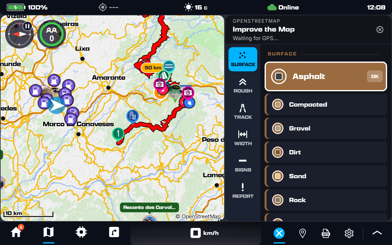 The Improve the Map panel beside the map: OpenStreetMap, Improve the Map, Waiting for GPS; the rail with Surface, Rough, Track, Width, Signs and Report, Surface selected; Asphalt as the big row with OK, then Compacted, Gravel, Dirt, Sand and Rock