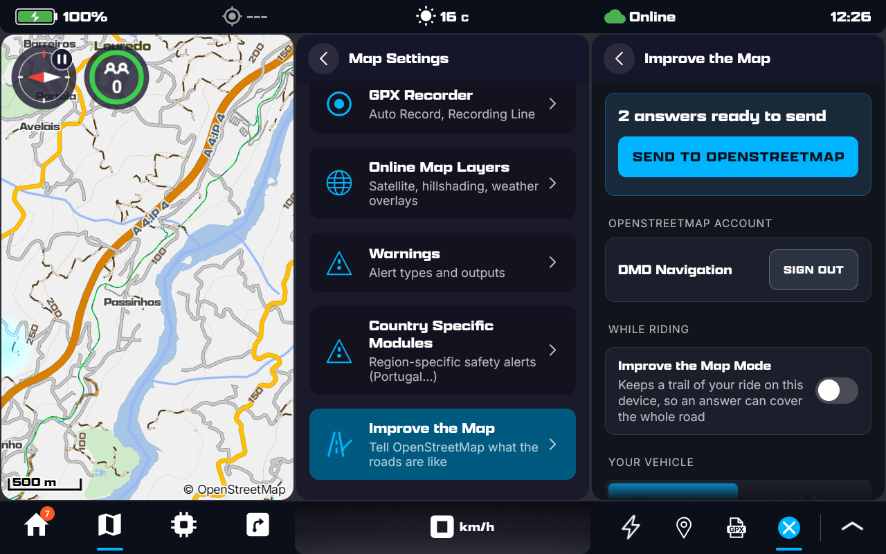 Map Settings with Improve the Map open beside it: 2 answers ready to send and SEND TO OPENSTREETMAP; the OpenStreetMap account with SIGN OUT; While Riding, the Improve the Map Mode switch; Your Vehicle