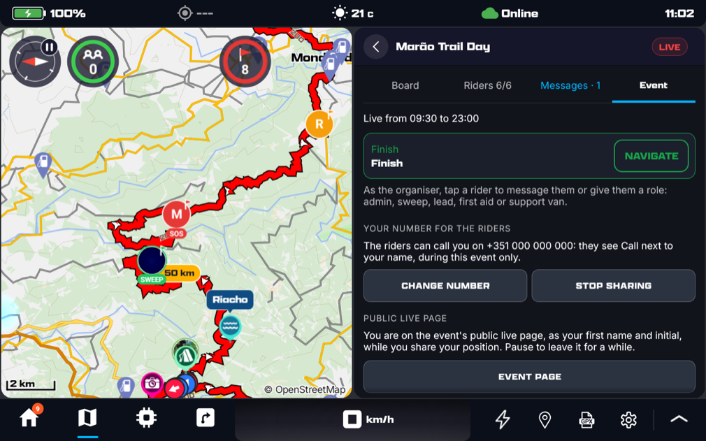 The Event tab: live from 09:30 to 23:00, the Finish card with Navigate, the organiser's shared number with Change number and Stop sharing, and the public live page status