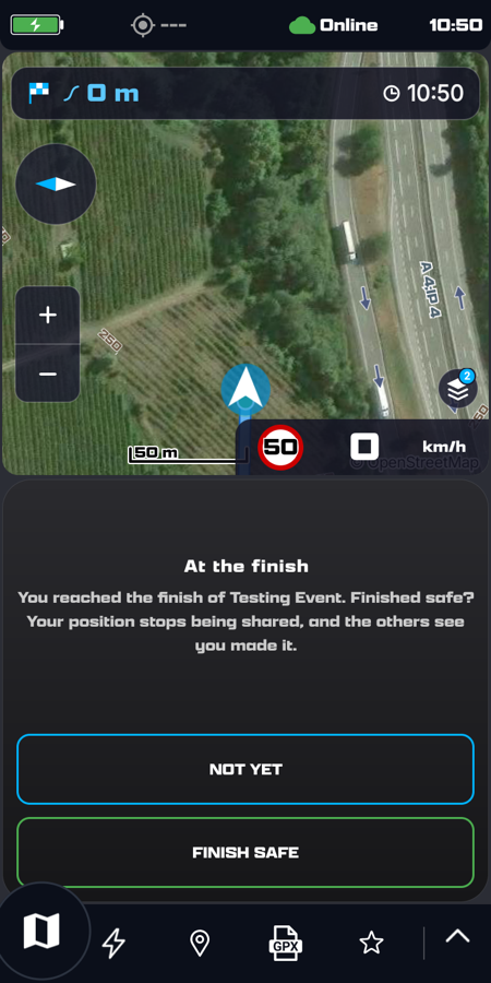 At the finish: You reached the finish of Testing Event. Finished safe? Not yet and Finish safe