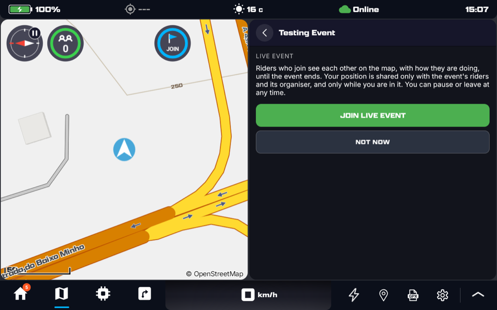 The join screen beside the map: what Live Event shares and with whom, Join live event and Not now