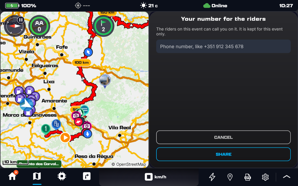 Your number for the riders: a phone number field, Cancel and Share