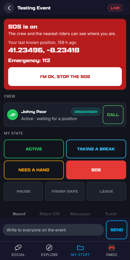 SOS is on: the last known position in large type, Emergency: 112 and I'm OK, stop the SOS; the crew below with a Call button