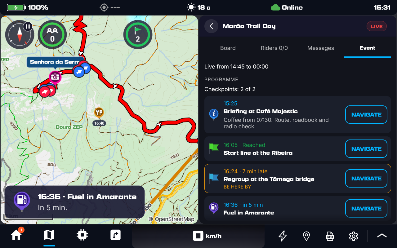 A DMD2 notice over the map: the fuel icon, 16:36 · Fuel in Amarante, In 5 min; the Programme beside it lists the same point