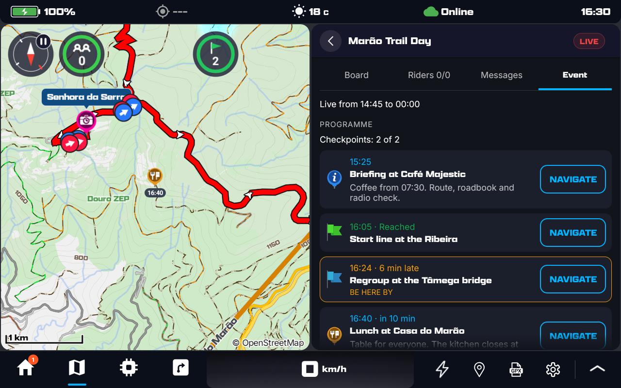 The Event tab in DMD2: Programme, Checkpoints 2 of 2, the briefing at 15:25, the start line Reached, a Be here by regroup 6 min late in amber, lunch in 10 min, each with Navigate; the map beside it shows the lunch point with its time, 16:40
