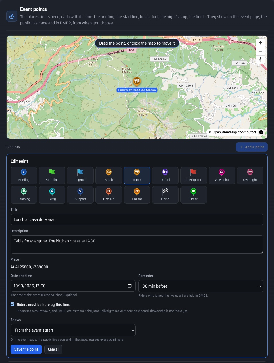 Event points in the event's form: the point on the map, the sixteen kinds with their icons, the title, description, place, date and time, a 30 min reminder, Riders must be here by this time, and Shows from the event's start