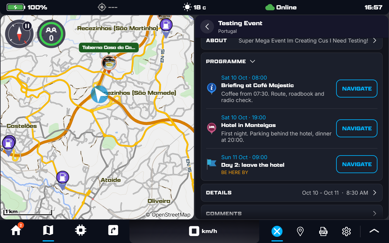The event's page in DMD2's HUB: the Programme section open with Saturday's briefing at 08:00, the hotel at 19:00 and Sunday's 09:00 departure marked Be here by, each with Navigate; About above, Details and Comments below