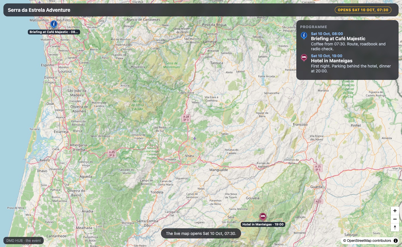 The public live page three days before the event: the briefing in Porto and the first night's hotel on the map, the Programme with their times and descriptions, and when the live map opens