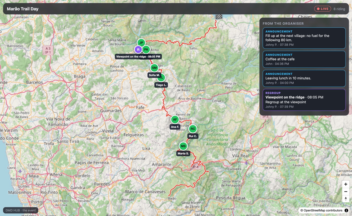 The public live page: the route, the riders who said yes as first name and initial, and the organiser's announcements