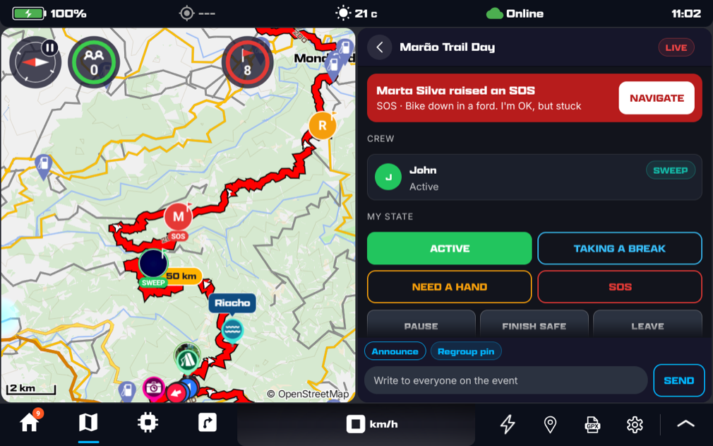 The view with Marta Silva raised an SOS on top, her note and Navigate; on the map her red pin with SOS under it, and the sweep close by