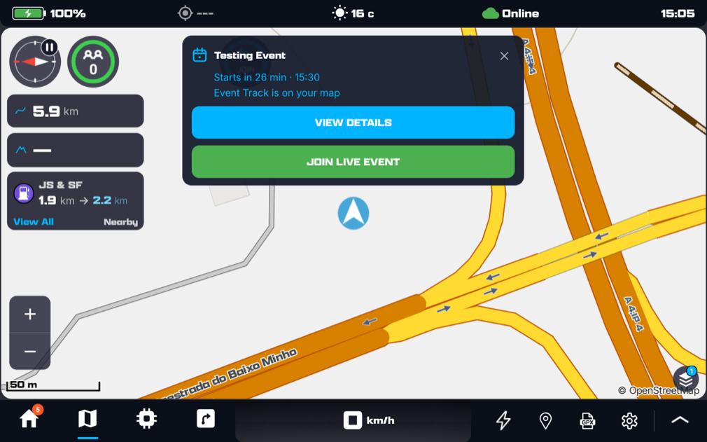 The event's start card with a green Join live event button, and the round JOIN button on the map behind it