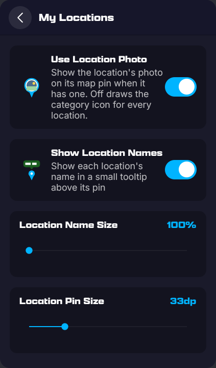 My Locations settings: Use Location Photo and Show Location Names switched on, Location Name Size at 100 % and Location Pin Size at 33 dp