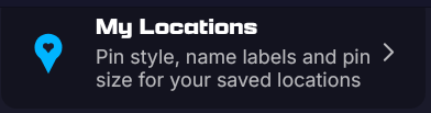 The My Locations row in Map Settings: pin style, name labels and pin size for your saved locations