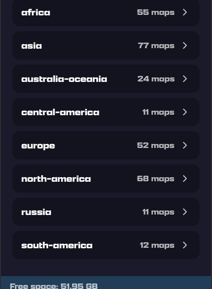 Download Maps browser: continents (africa, asia, europe, north-america...) each with a map count
