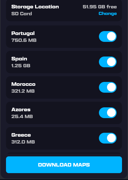 Offline Maps panel: storage on SD Card with free space, and downloaded regions (Portugal, Spain, Morocco, Azores, Greece) each with an on/off toggle and size
