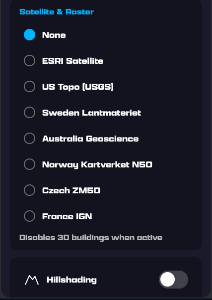 Online Map Layers: Satellite & Raster radio list — None, ESRI Satellite, US Topo, Sweden, Australia, Norway, Czech, France IGN