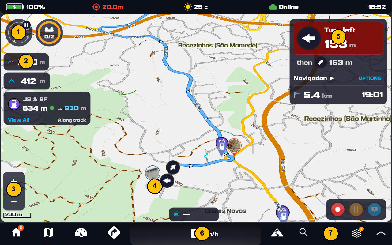 The Map screen with seven numbered callouts for the follow button, info overlays, zoom control, position icon, navigation instruction, speed and map buttons