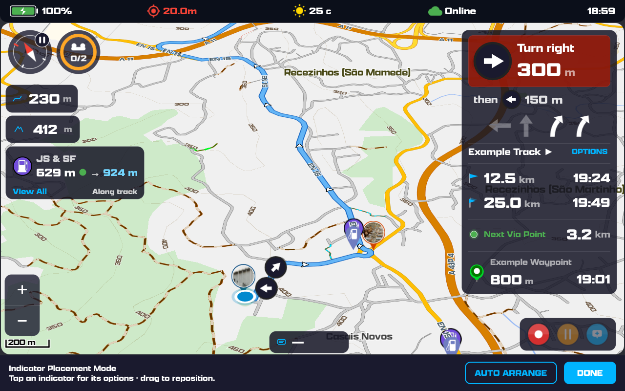 Indicator Placement Mode: overlays shown with example content and a bottom bar reading 'Tap an indicator for its options, drag to reposition', with Auto Arrange and Done buttons