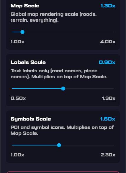 Map Scale panel: three sliders — Map Scale 1.30x, Labels Scale 0.90x, Symbols Scale 1.60x — each with its range