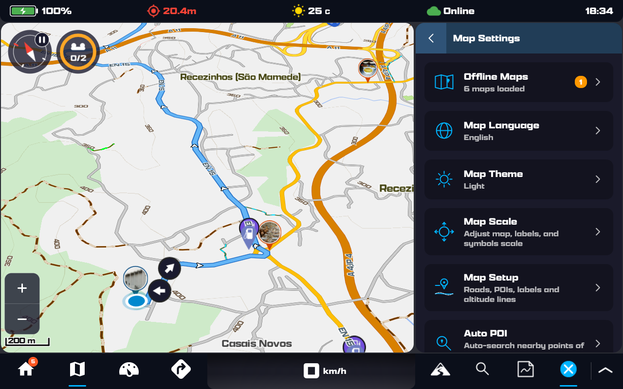 Map Settings panel: Offline Maps (6 loaded), Map Language (English), Map Theme (Light), Map Scale, Map Setup and Auto POI