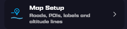 The Map Setup row in Map Settings — 'Roads, POIs, labels and altitude lines'